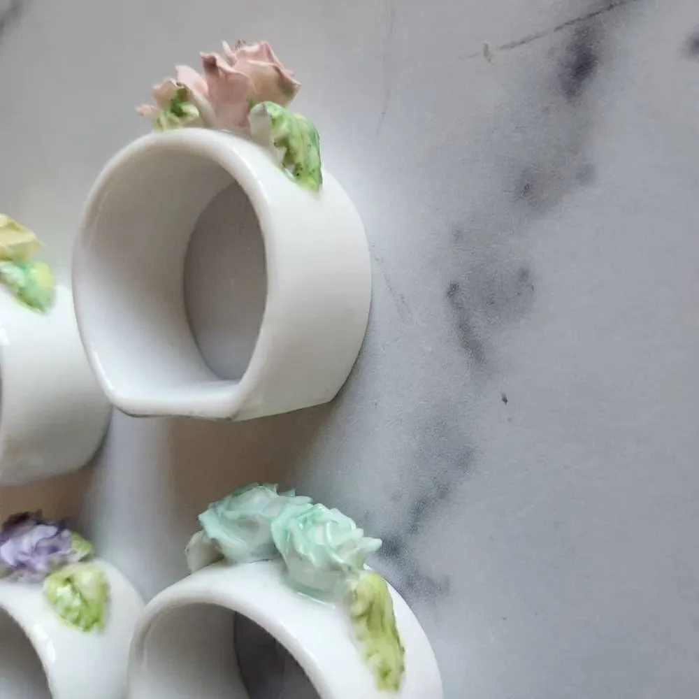 Napkin ring holders vintage bone china ceramic floral set of 4 90s Victorian